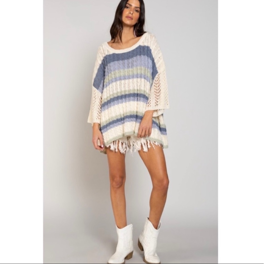 New! POL Cable Weaving Oversized 3/4 Sleeve Round Neck Multi Color Sweater Top - Picture 6 of 7